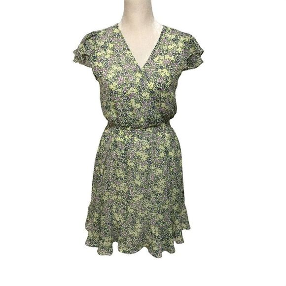 Chrystal Doll green floral ruffle faux wrap dress sz S-M - Picture 1 of 5